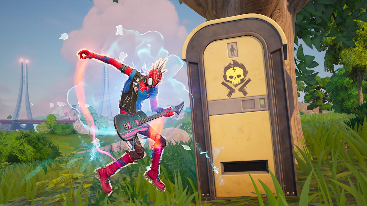 Spider-Punk playing guitar by an Outlaw Flusher in Fortnite.