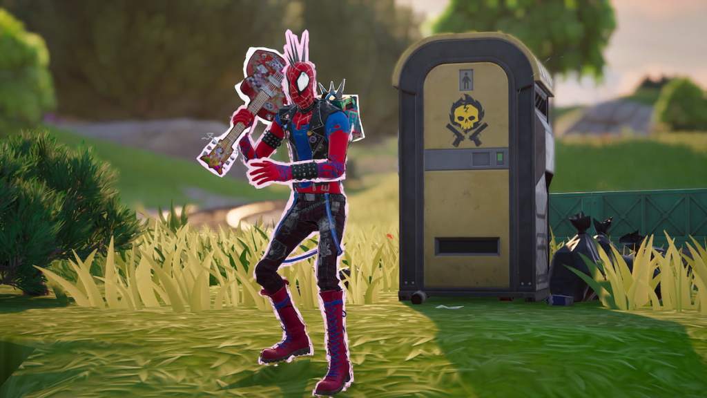 Spider-Punk holding a guitar and standing in front of an Outlaw Flusher in Fortnite. 