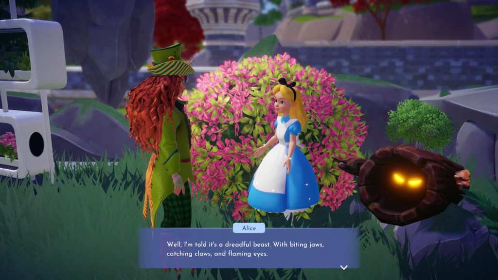 A player dressed as the Mad Hatter standing with Alice by the Jabberwock in DDV