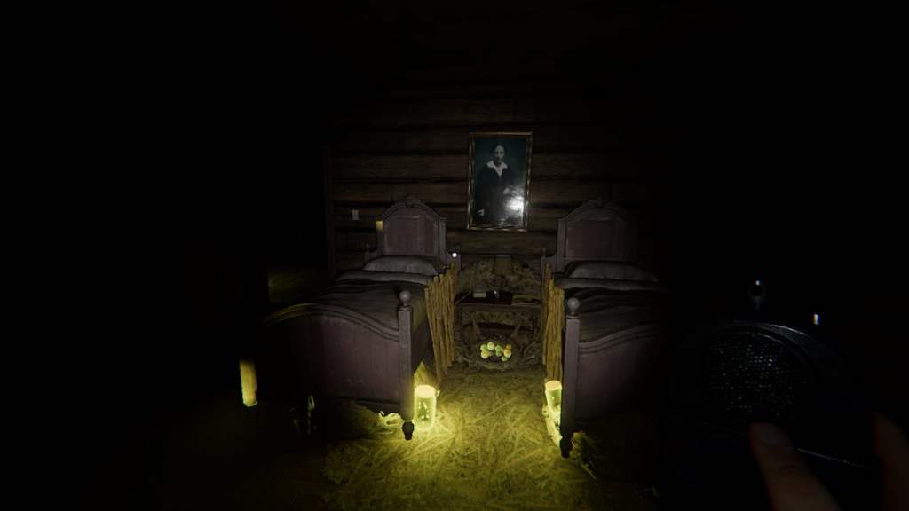 Twin bedroom forest minion nest at Grafton Farmhouse in Phasmophobia
