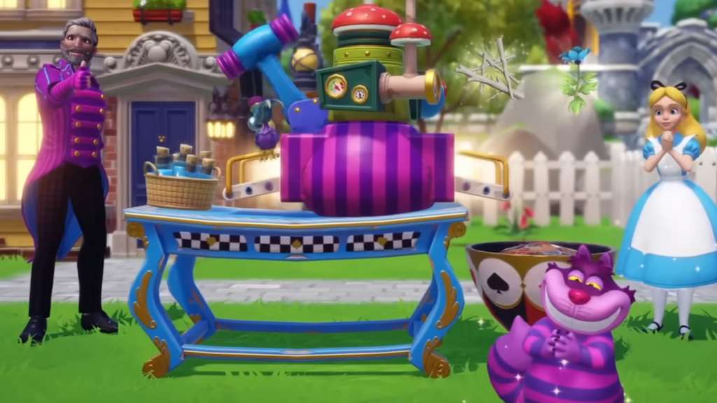Alice, Cheshire Cat, and the player standing by an uncrafting machine in DDV