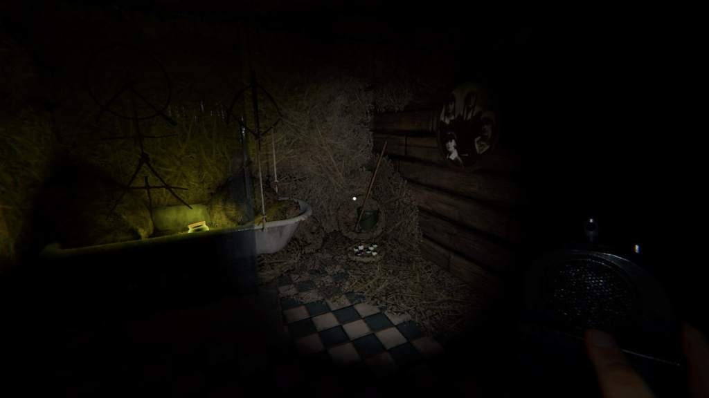 Upstairs bathroom forest minion nest at Grafton Farmhouse in Phasmophobia