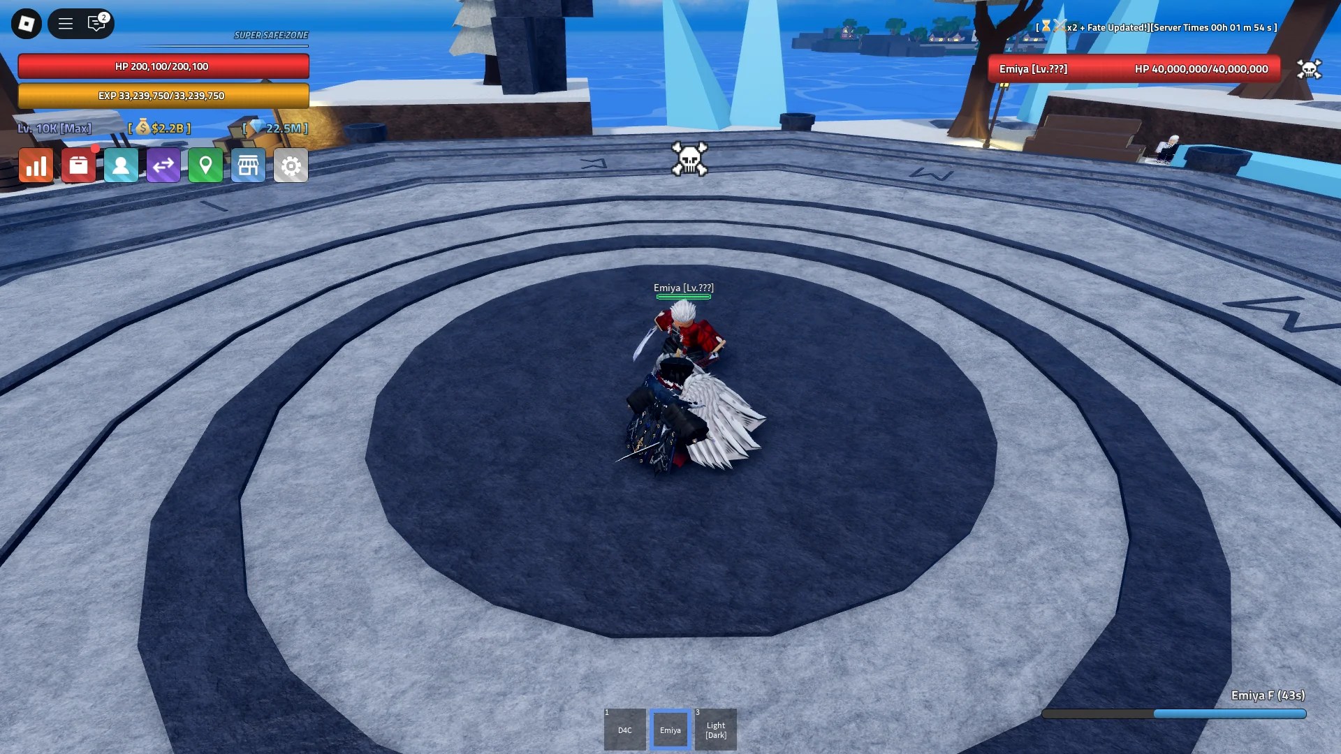 A player fighting the Emiya Boss on Boss (???) Island in the Verse Piece Roblox experience