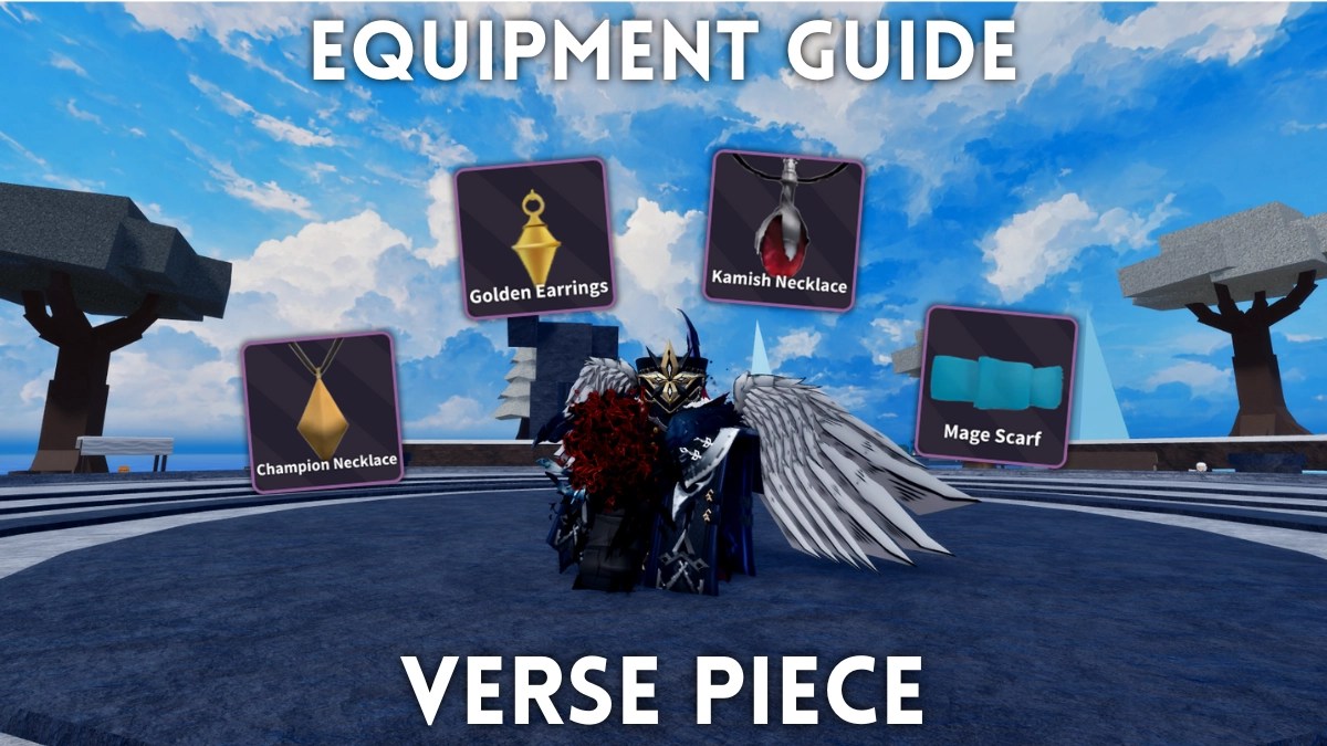 A player posing with all Equipment items in Verse Piece Roblox experience around them