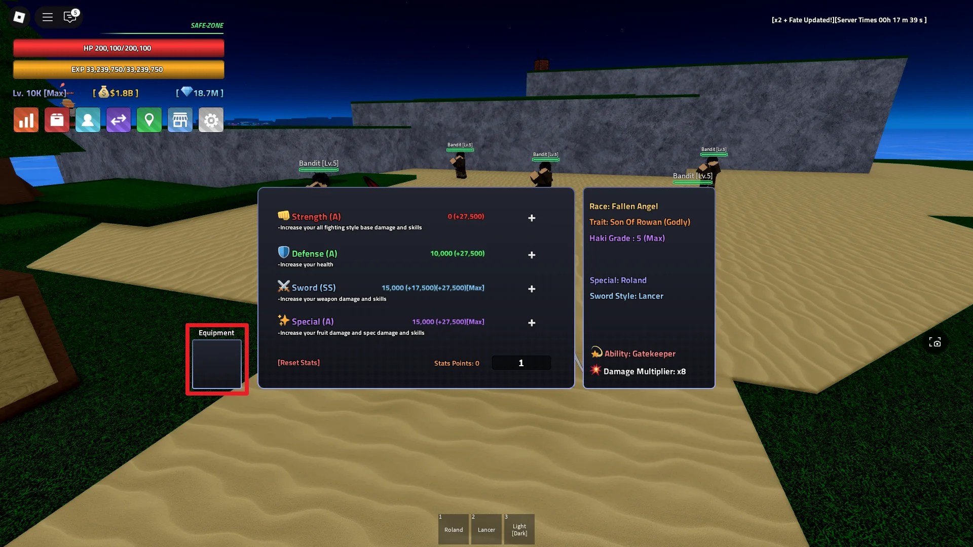Stats menu with the Equipment slot highlighted in Verse Piece Roblox experience
