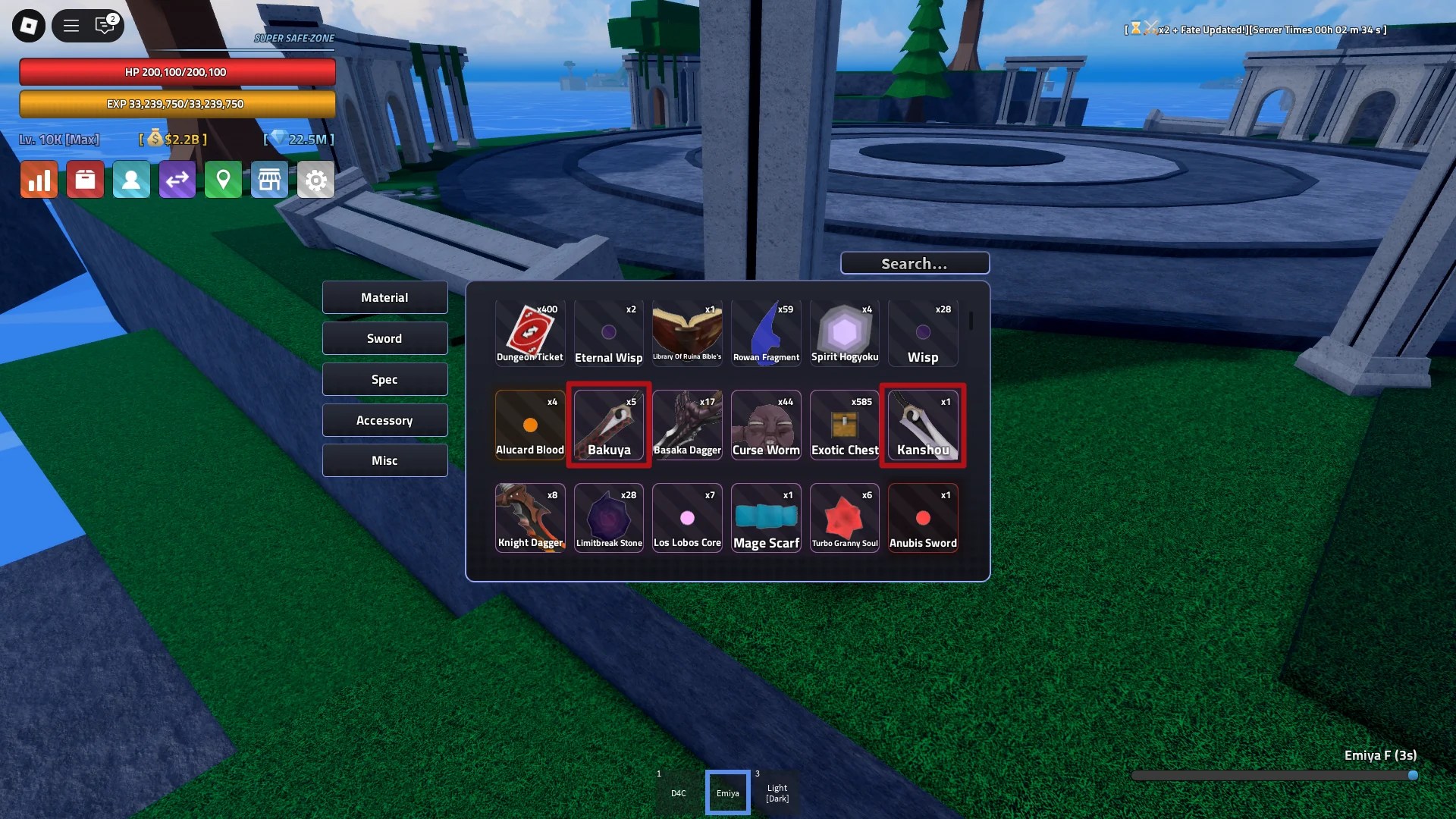 Kanshou and Bakuya materials needed for the Emiya Sword as shown in a player's inventory in the Verse Piece Roblox experience