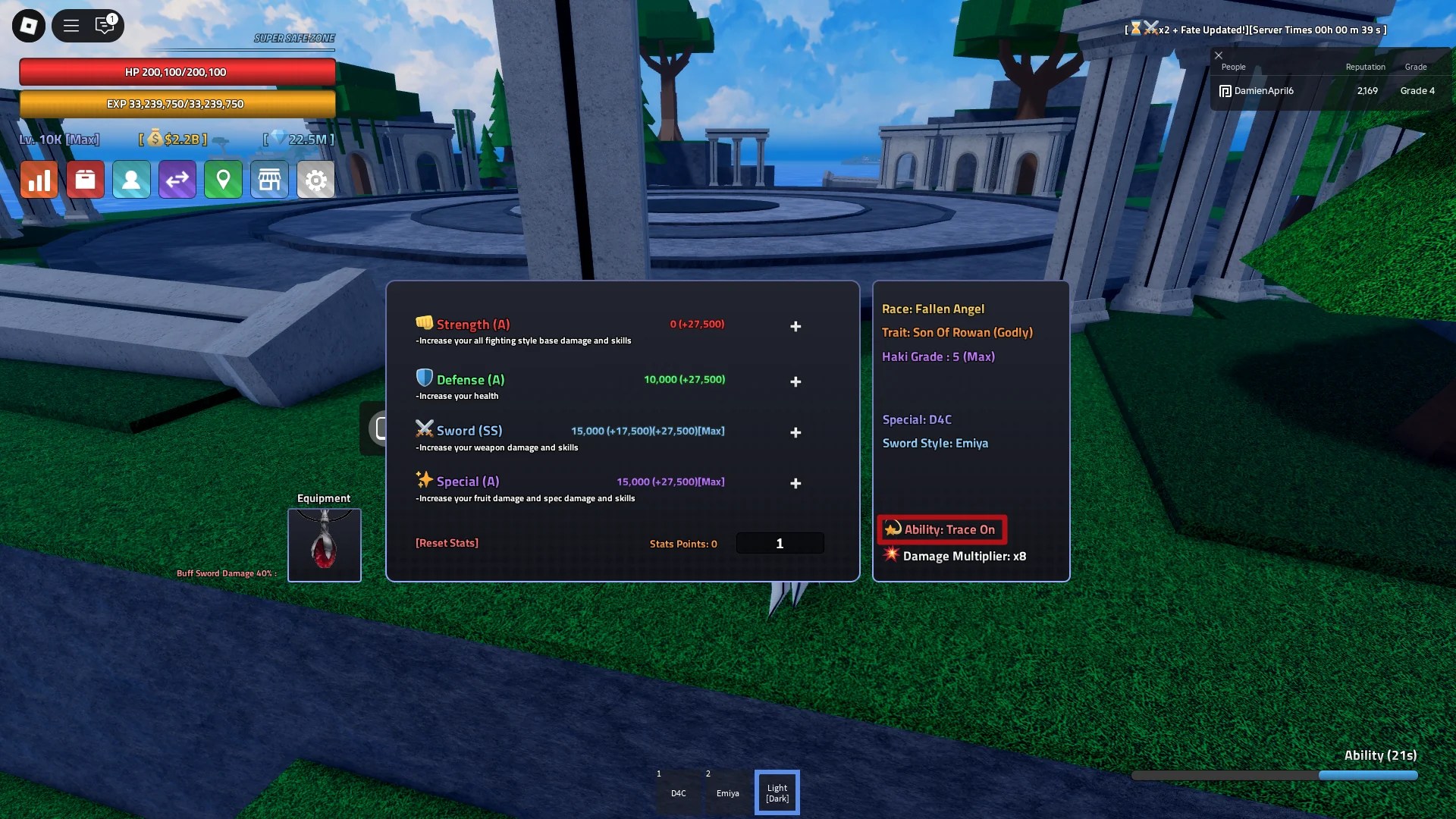 Preview of the Stats menu in Verse Piece Roblox experience with the Trace On ability highlighted on it
