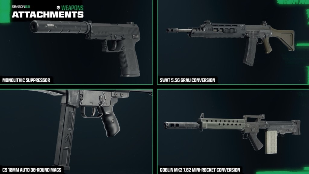 an image of four new weapon attachments in Warzone and Black Ops 6 Season 3