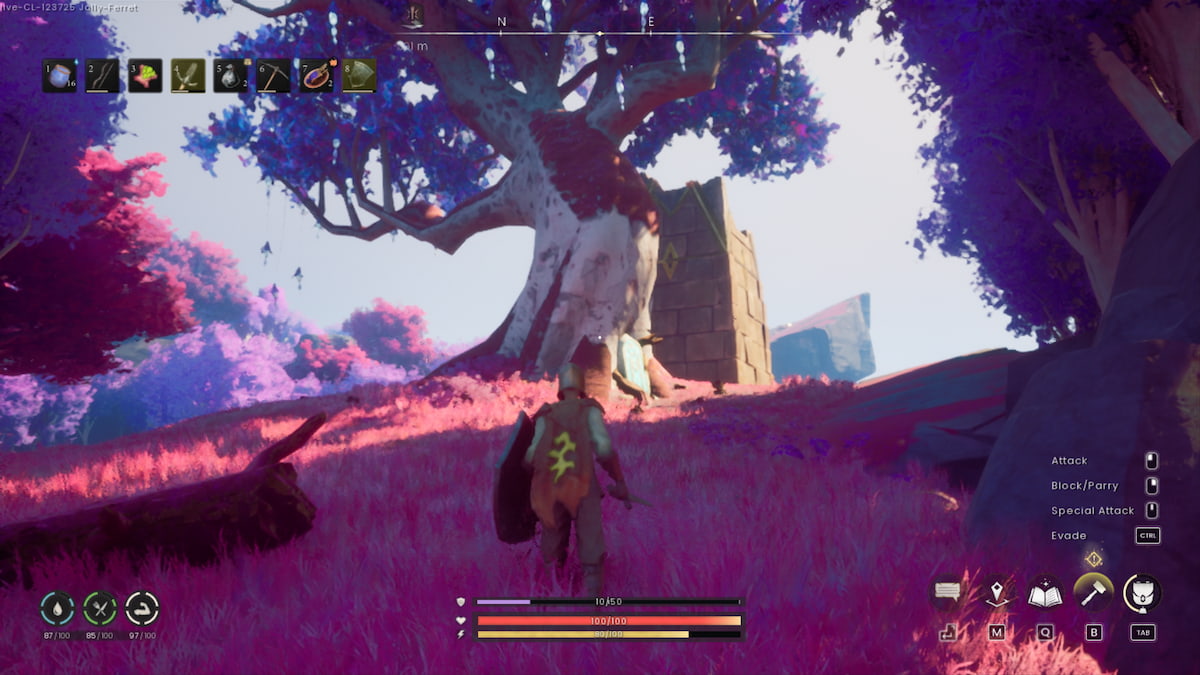 Blue tree near a broken tower 