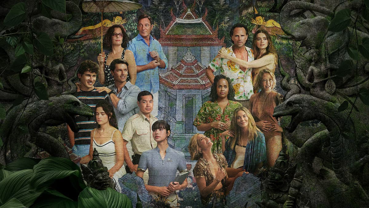 10 people surrounding a thai mural as part of the white lotus season 3 cover