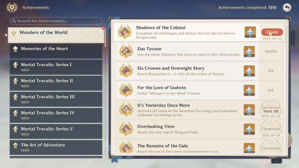 wonders of the world achievements genshin impact