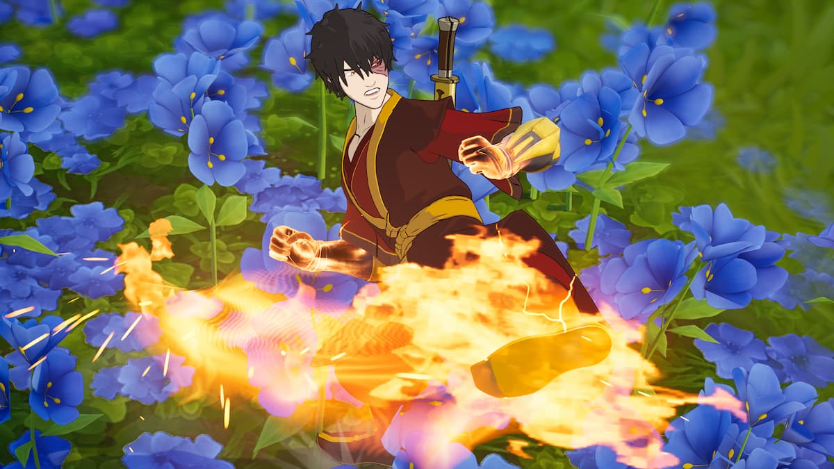 Zuko kicking with fire using Scorpion's Kombat Kit in Fortnite.