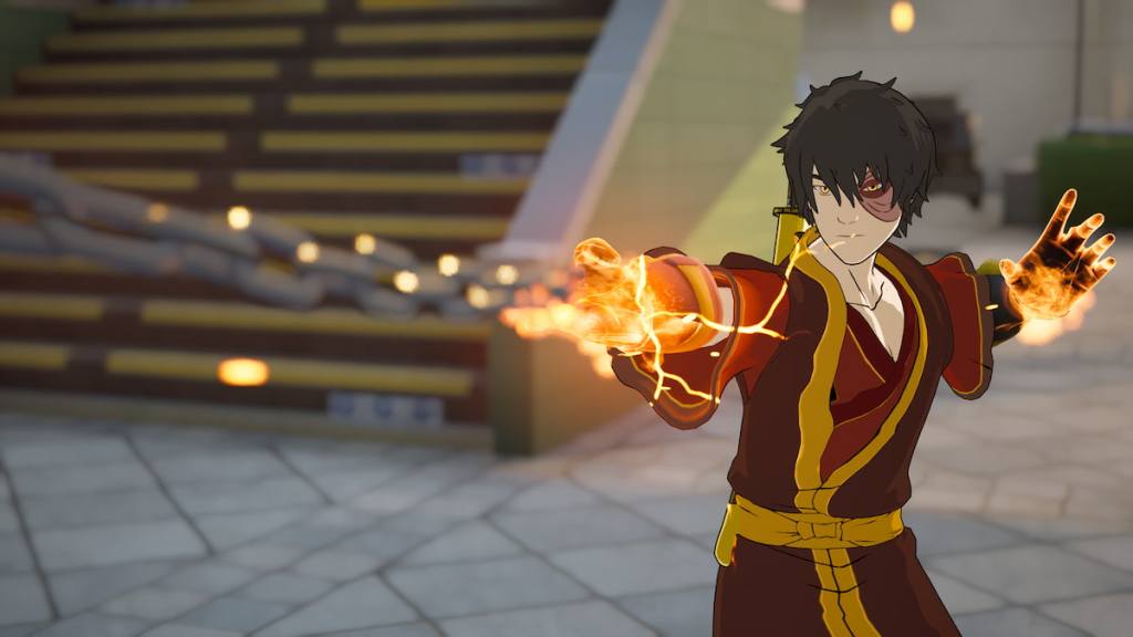 Zuko using Scorpion's Kombat Kit to shoot a fiery chain with a spear at the end of it in Fortnite. 