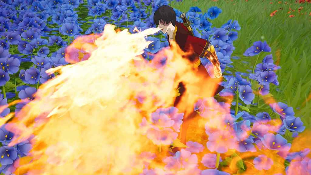 Zuko using Scorpion's Kombat Kit to breath fire in Fortnite. 
