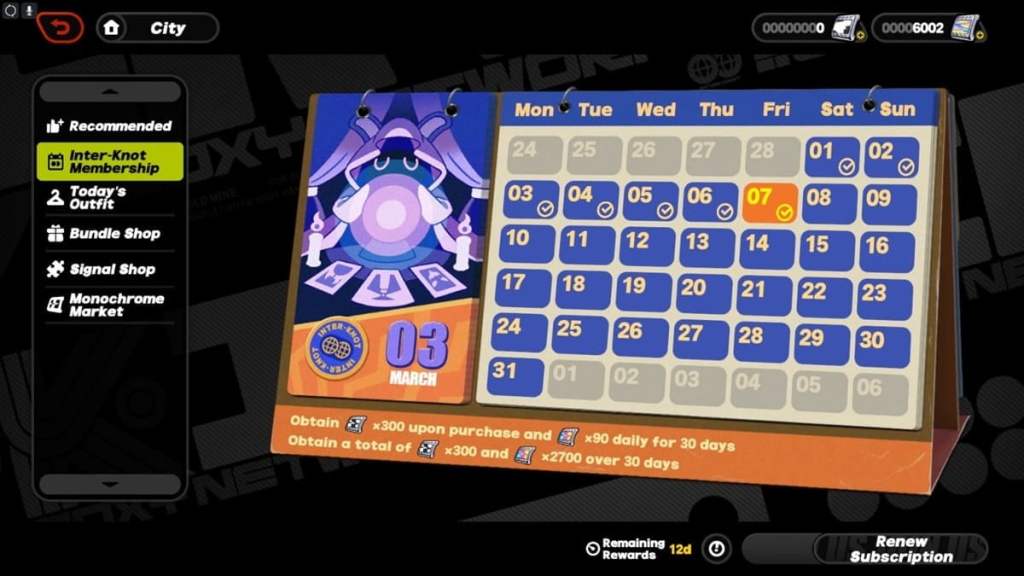 The Inter-knot membership calendar from the Zenless Zone Zero 1.7 update.