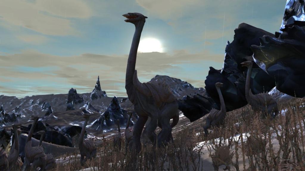 A Beak Thing against the sunrise in Kenshi.