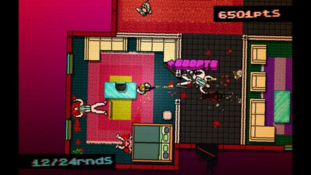 Shooting enemies in the kitchen in Hotline Miami