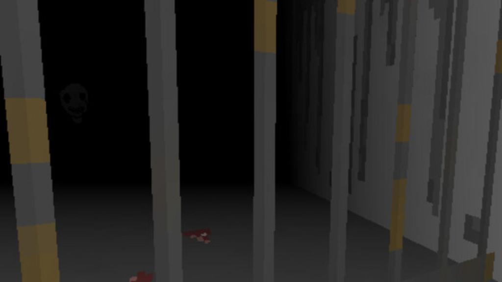 Looking through cell bars at blood on the floor with Imscared face hiding on the left-hand side