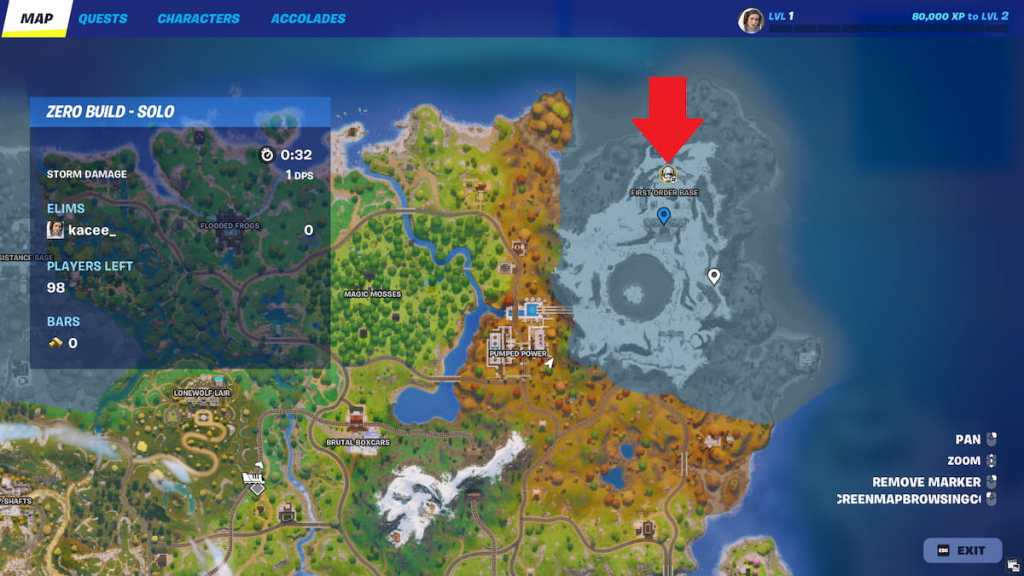 Captain Phasma's location on a map in Fortnite