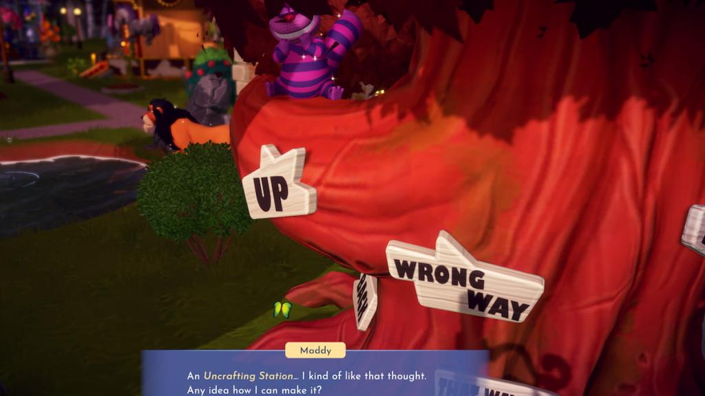 Disney Dreamlight Valley Cheshire Cat's uncrafting station dialogue