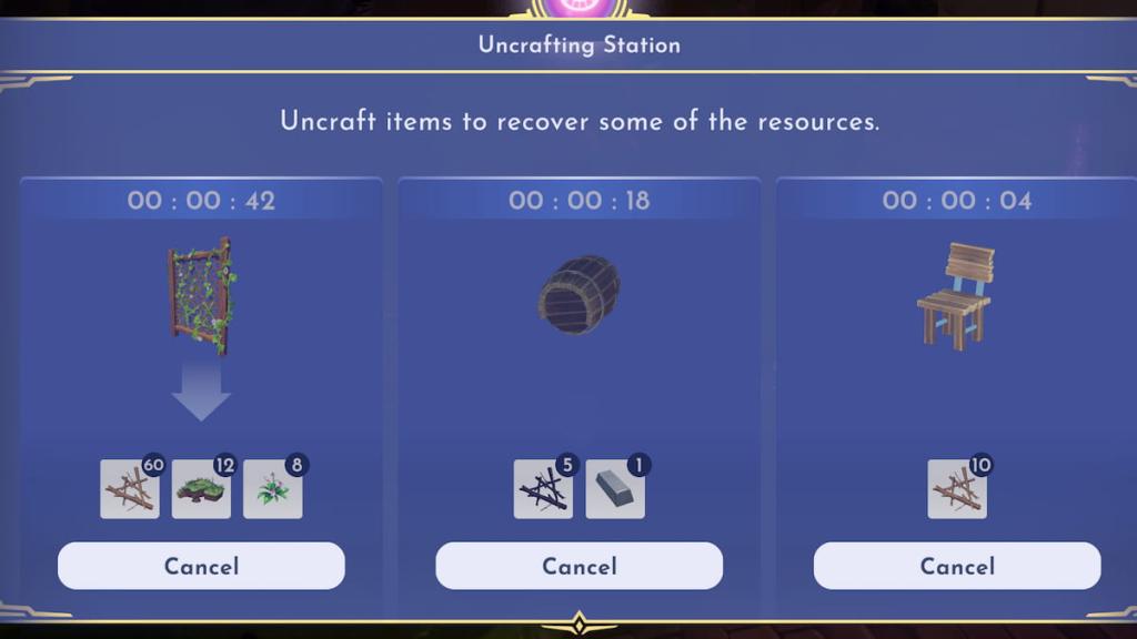 Disney Dreamlight Valley Uncrafting Station interface