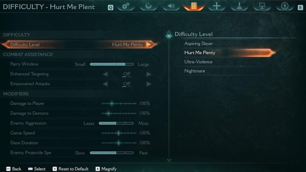 Doom the Dark Ages difficulty change menu