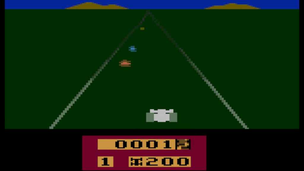An 8-bit car races down a green track and overtakes other cars in a race. 