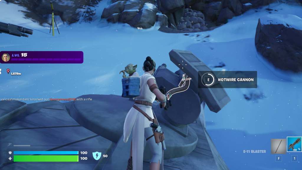 Rey hotwiring a cannon to open a secret vault in Fortnite