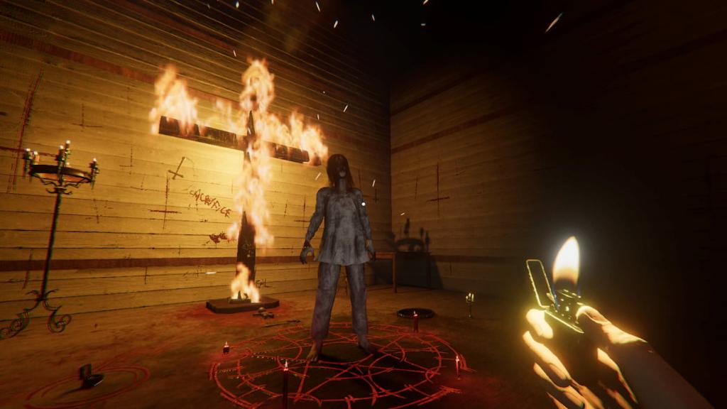 A ghost trapped in a summoning circle in front of a flaming cross in Phasmophobia