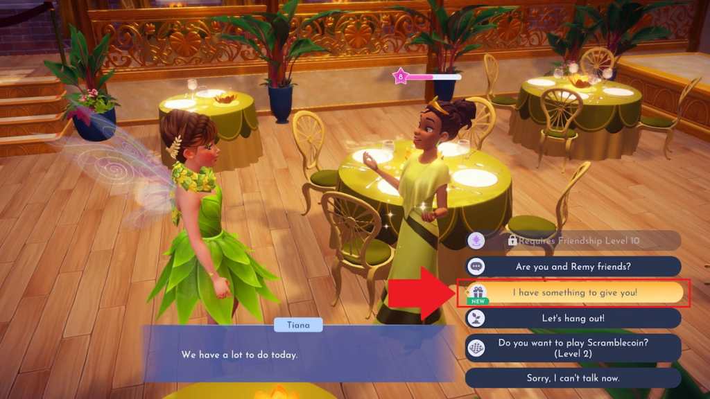Talking to Tiana to give her a gift in Disney Dreamlight Valley