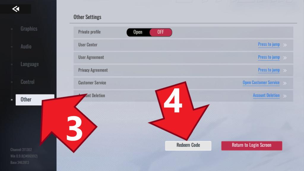 Etheria Restart Redeem Code button in the Other tab