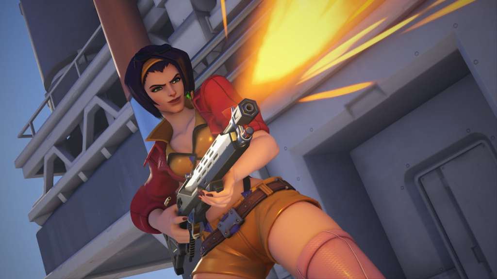 Ashe in her Cowboy Bebop skin in OW2 Stadium