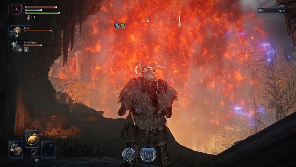 Raider standing amidst a volcanic explosion in Elden Ring Nightreign