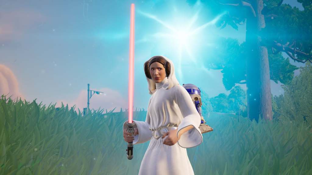 Leia holding Darth Maul's lightsaber in Fortnite