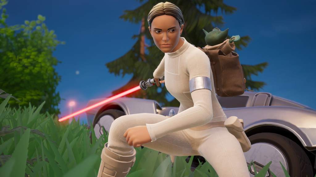 Padme holding a red lightsaber in Fortnite