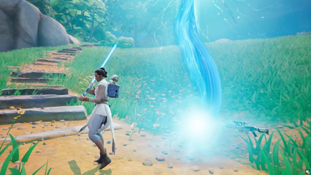 Rey holding a blue lightsaber outside of a training gate in fortnite