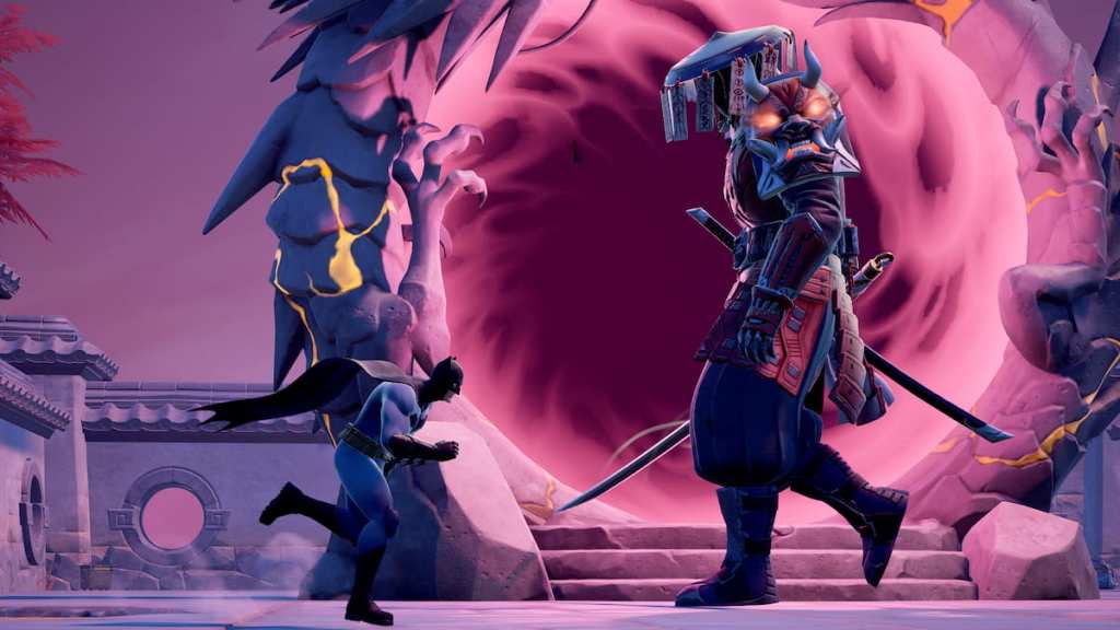 Shogun X walking by a portal and Batman in Fortnite