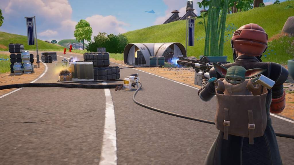 Fennec Shand shooting at stormtroopers at a republic outpost in fortnite