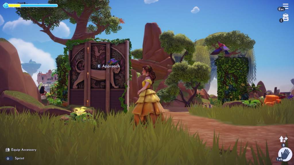 Player in yellow ballgown looking at two flying sunbirds in disney dreamlight valley