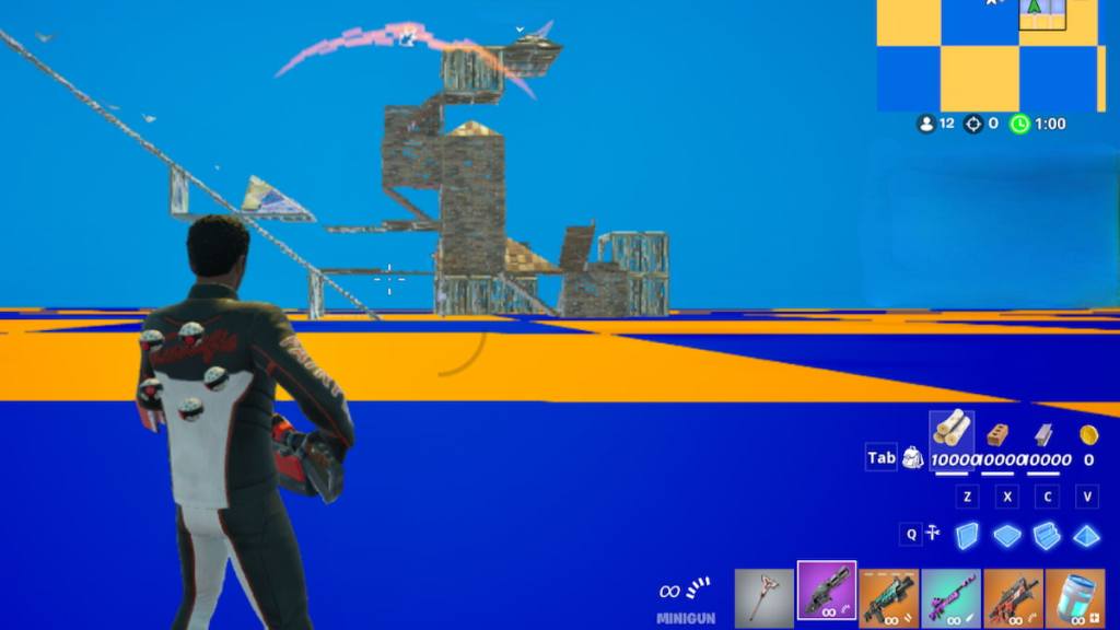 Mister Terrific holding a minigun looking at a wooden fortress in Fortnite