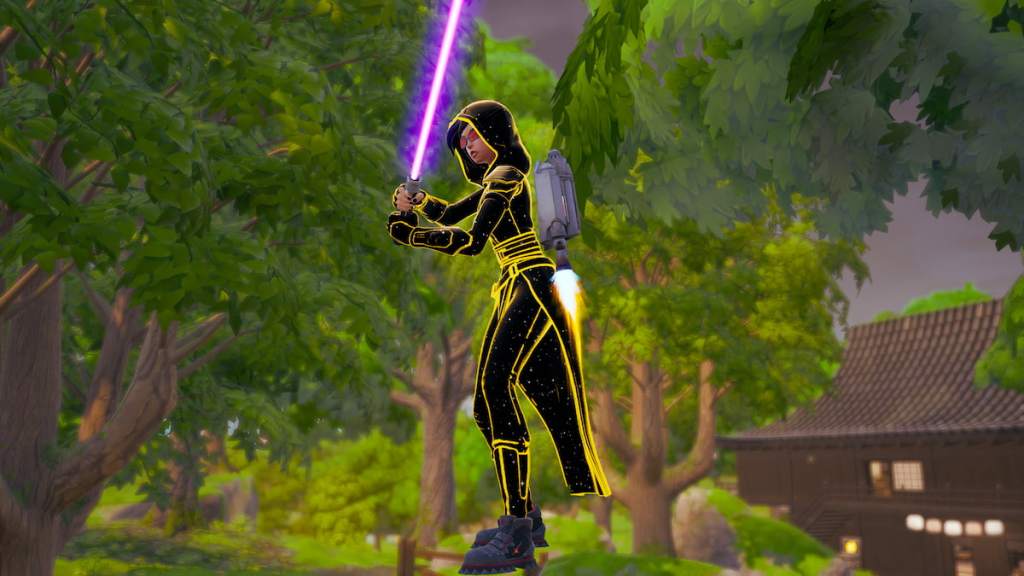Using Mandalorian Jetpack with purple lightsaber in Fortnite