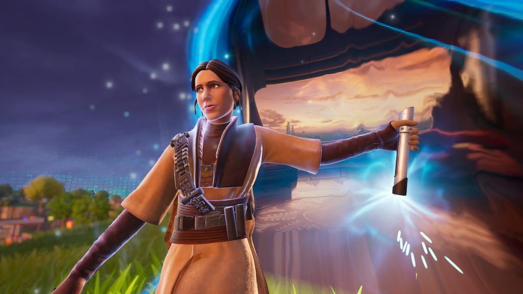 Walking out of Mace Windu's portal with a purple lightsaber in Fortnite