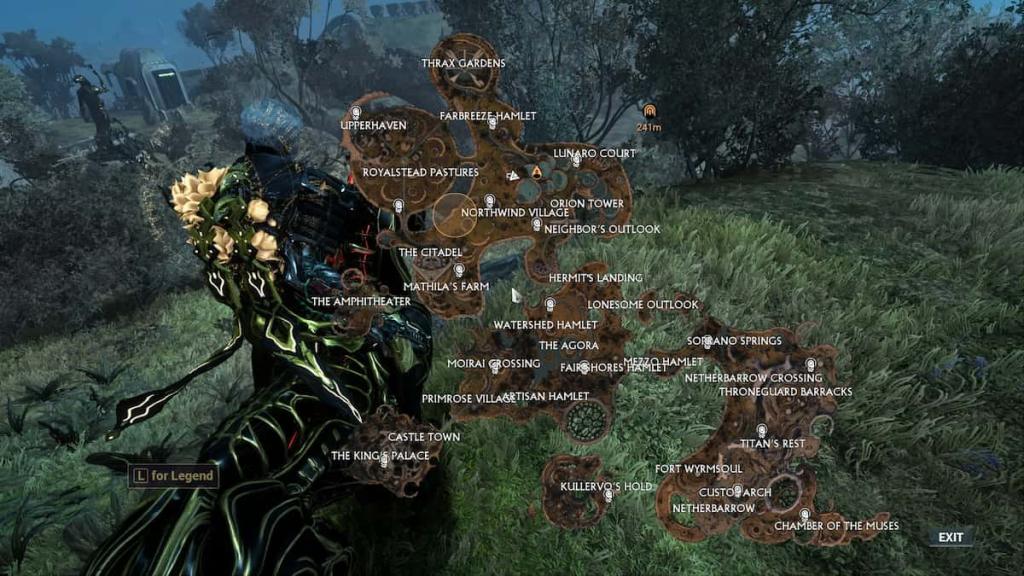 The Duviri map in Warframe. The Drifter stands on a spot between Royalstead Pastures and the Lunaro Court, almost at the halfway point between the two.