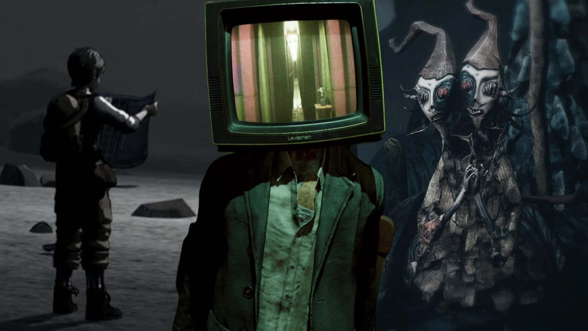 Indie game collage of Blue Prince, KARMA, and The Midnight Walk