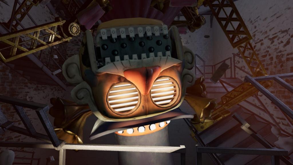 Close up shot of Big Top looking directly at Arnold on the stairwell