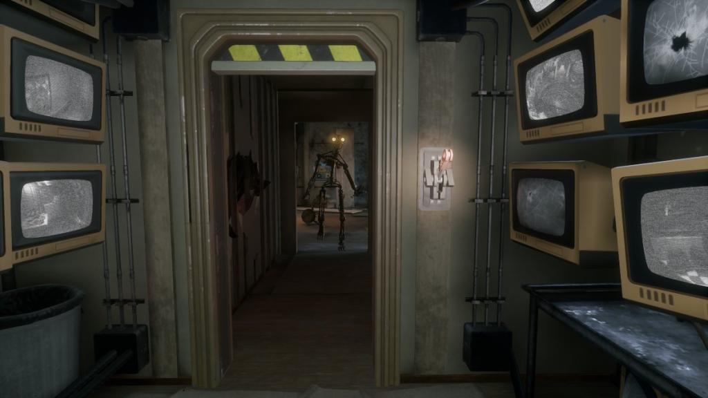 The Mimic walking down a corridor with a lever pictured close to the camera to close the door on the Mimic
