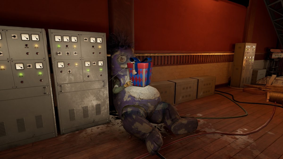 Rotting corpse stuffed inside animatronic suit, holding present