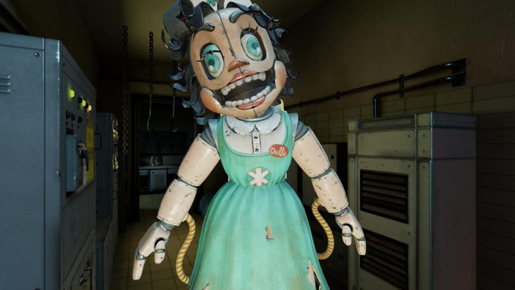 Frozen on a full body shot of Nurse Dollie