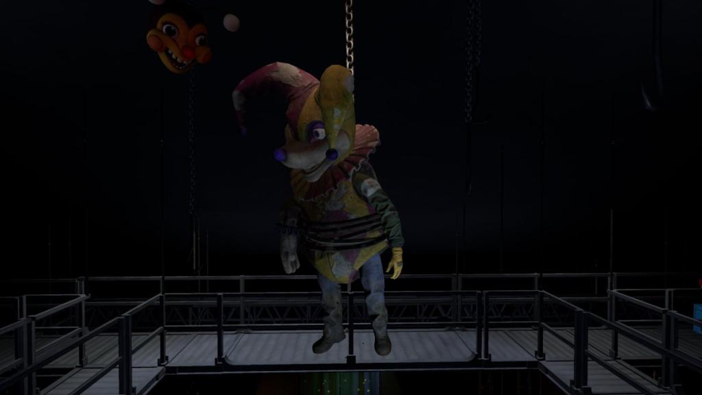 A hung FazBear team employee in the upper level of the Welcome Showroom