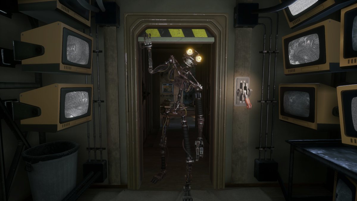 Mimic lifting an electronic door to reach Arnold in surveillance room